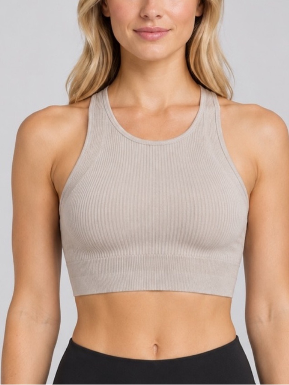 Varley Light Beige Seamless Ribbed High Neck Racerback Sports Bra 34796